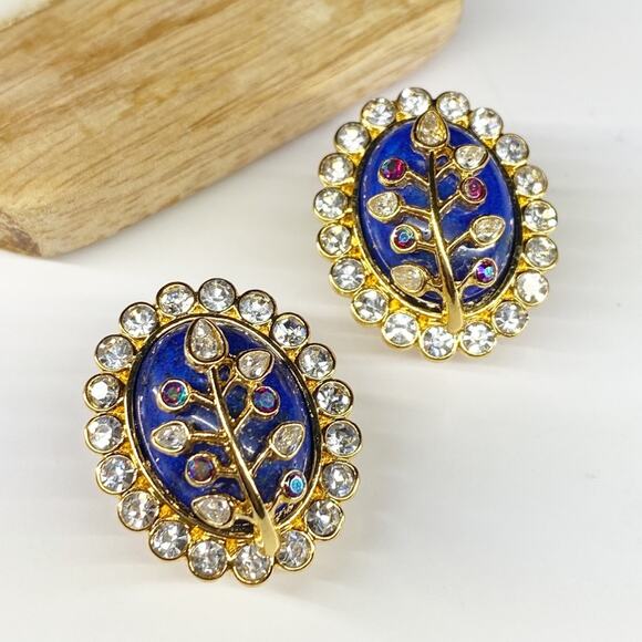 NEW Floral Rhinestone and Lapis Statement Earrings - Picture 4 of 16